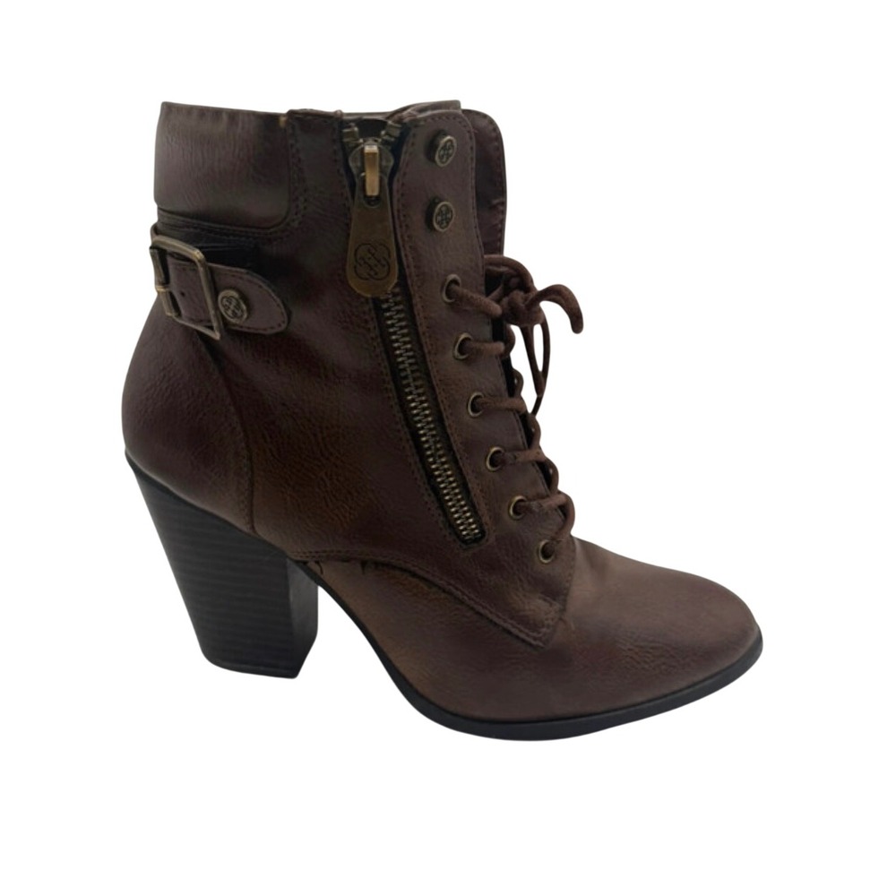 Daisy Fuentes Calida Lace Up Ankle Boots Women's 9 Brown Chunky Heel Combat Moto